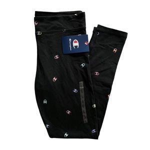 NWT CHAMPION girls black high waist leggings multicolor logo LARGE new with tags